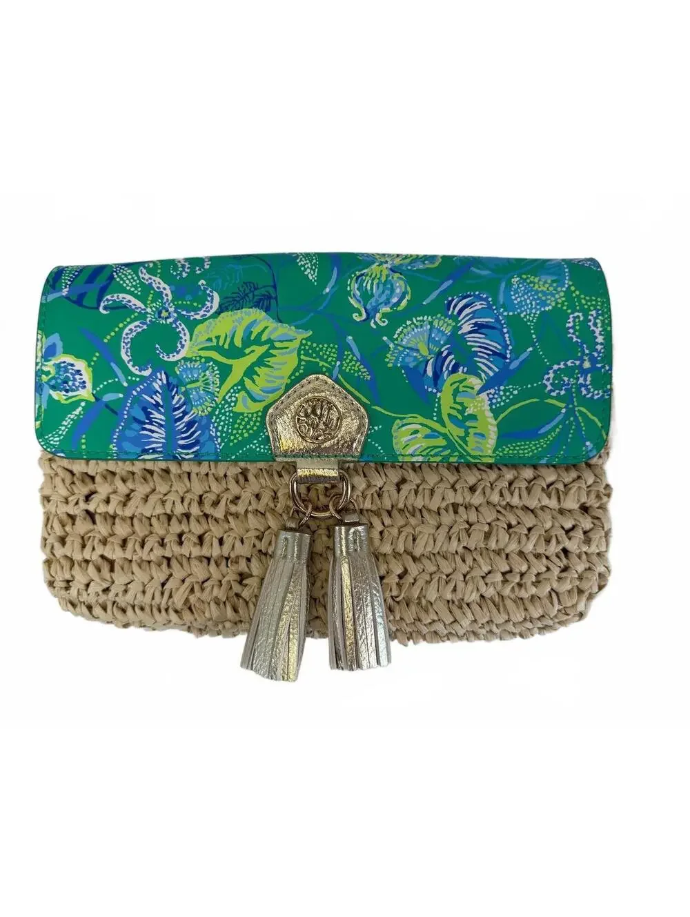 Lilly Pulitzer | Woven Straw Floral Leather Crossbody Bag | Gold Tassels